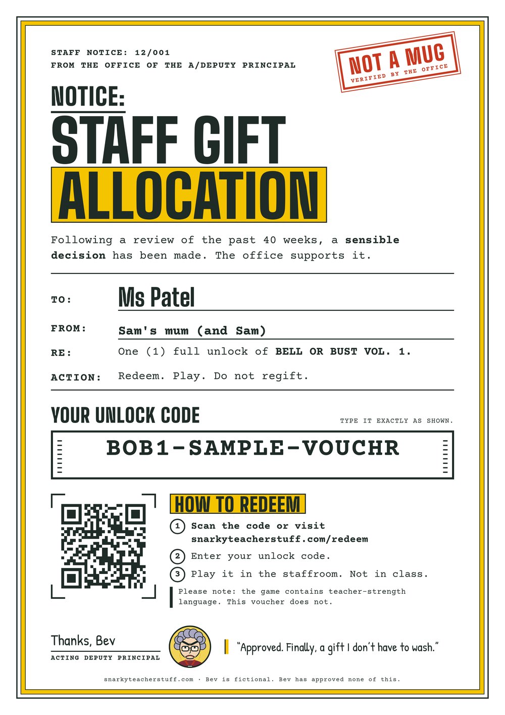 A sample Bell or Bust gift voucher: a staff notice headed Staff Gift Allocation, made out to Ms Patel from Sam’s mum, with an unlock code and a QR code