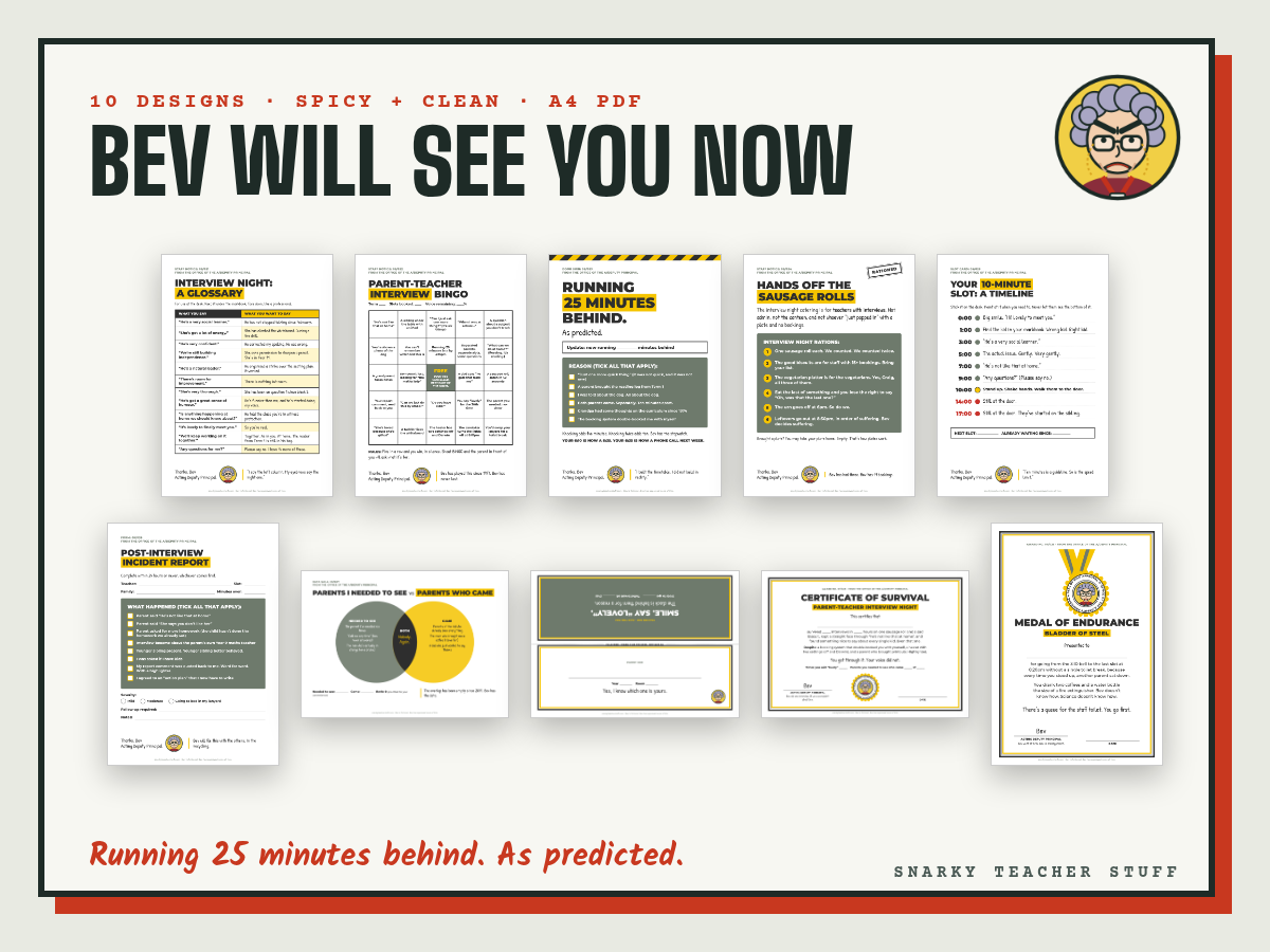 All ten designs in Bev Will See You Now: The Interview Night Pack