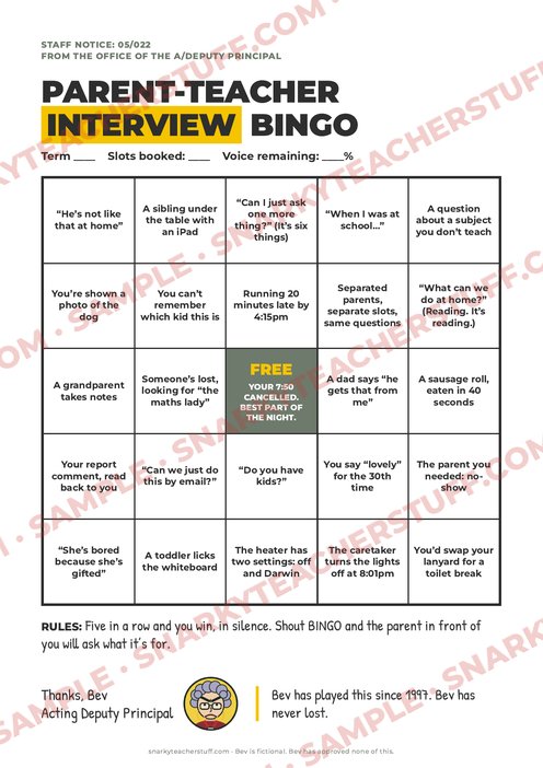 Parent-teacher interview bingo, sample preview