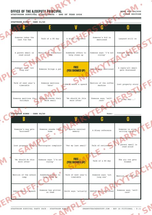 Staffroom Bingo: 20 different cards, sample preview