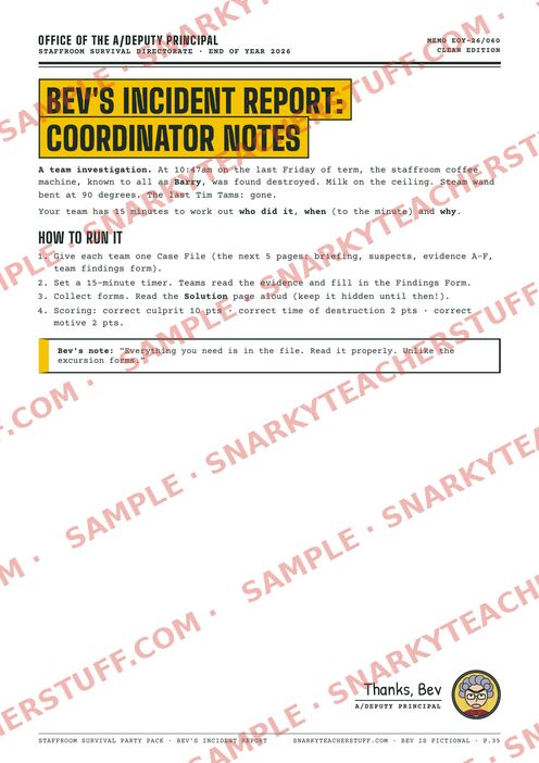 Bev’s Incident Report: a team mystery, sample preview